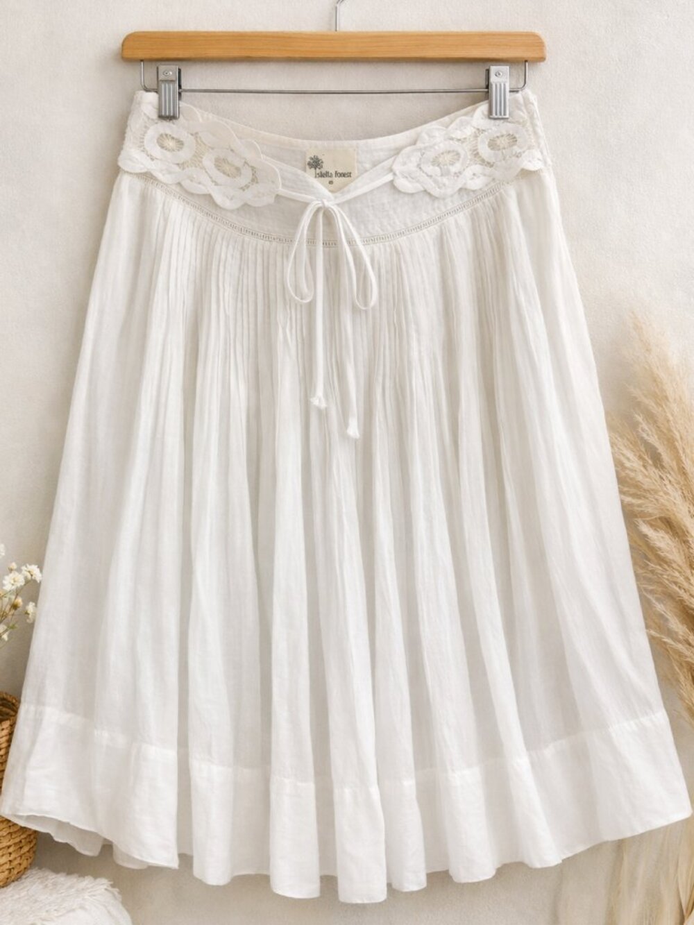 Stella Forest White Boho Pintuck Cotton Skirt Lace Waist EU 38 Vintage Paris S/M